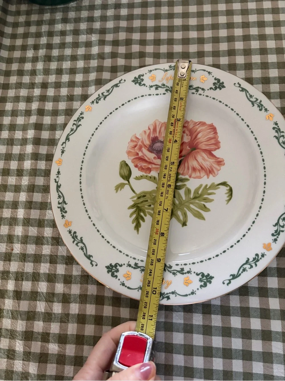 Poppy Floral Dinner Plate in White with Pink Bloom and Green Accents